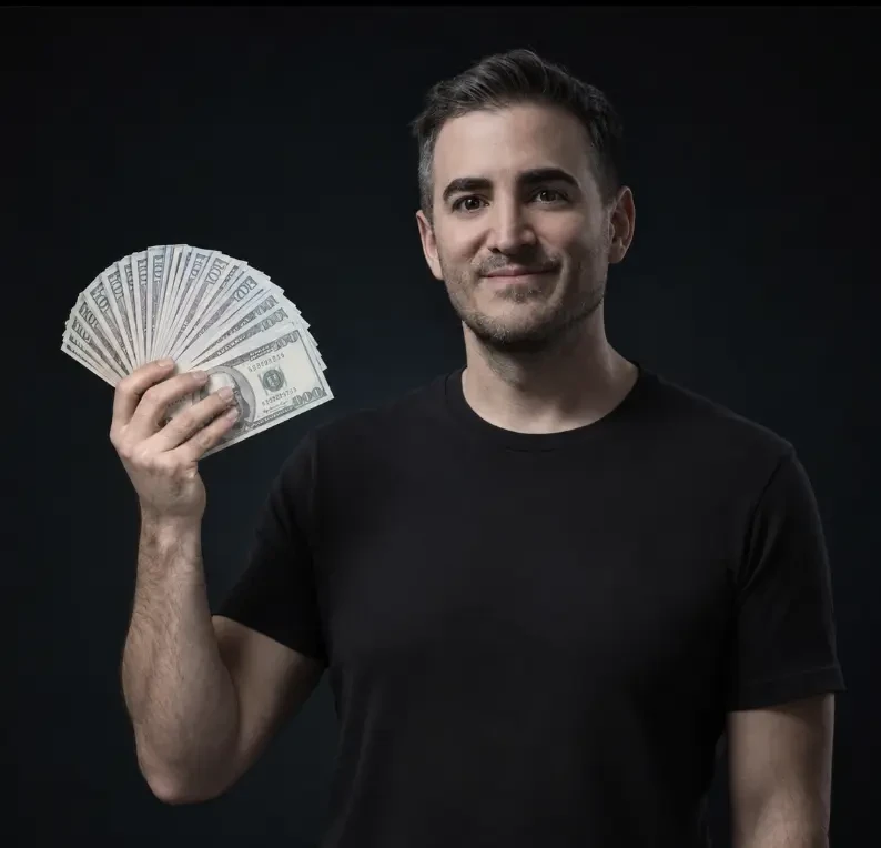 Javier Yranzo con un abanico de billetes en la mano
